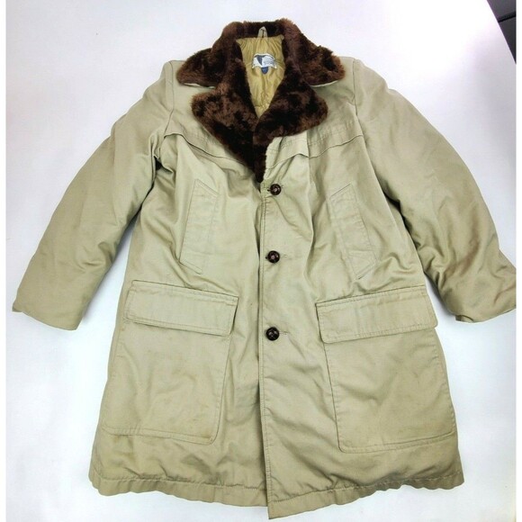 VTG ORVIS Mens 44 Tan Goose Down Fill Heavy Parka Coat w Faux Fur Collar Jacket
